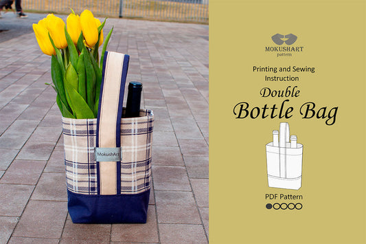 Double Bottle Bag sewing pattern PDF by MokushArt – DIY wine bottle carrier and flower gift bag tutorial.